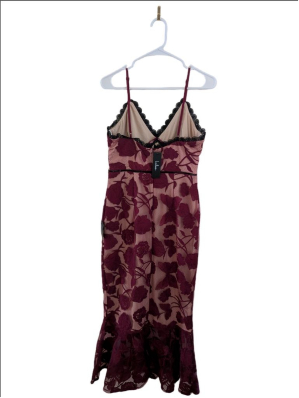 Lulus Burgundy Lace Midi Dress NWT Size M Floral Bodycon Mermaid Cocktail - Picture 6 of 13